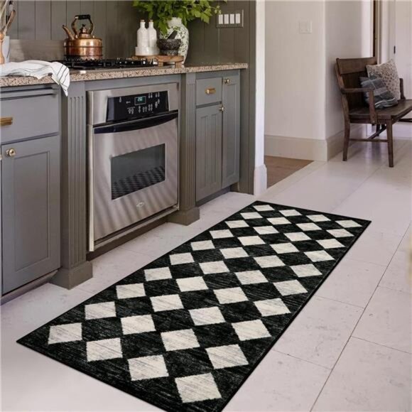 Lahome Moroccan Trellis Runner Rug - 2x6 Washable Black Bathroom Runner Rug - Picture 2 of 12